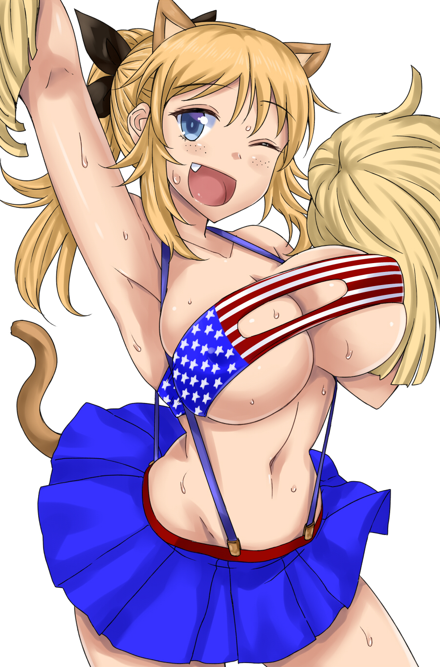 american_flag american_flag_bikini animal_ears armpits arms_up bikini blonde_hair blue_eyes breasts cheerleader cleavage cleavage_cutout fang flag_print freckles hair_ribbon highres huge_breasts katharine_ohare komusou_(jinrikisha) long_hair navel one_eye_closed open_mouth pom_poms ribbon shiny shiny_skin simple_background skindentation skirt smile solo sweatdrop swimsuit white_background world_witches_series
