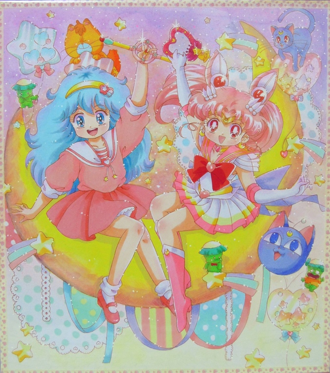 arm_up back_bow bishoujo_senshi_sailor_moon blue_eyes blue_hair bobby_socks boots bow brooch cat chibi_usa choker crescent crescent_earrings crystal_carillon double_bun earrings full_body gera_gera_(persia) gloves hair_ornament hairband hairpin heart heart_choker jewelry knee_boots long_hair luna-p luna_(sailor_moon) magical_girl mahou_no_yousei_persia mary_janes meso_meso_(persia) mikiky multicolored multicolored_clothes multicolored_skirt multiple_girls persia_(mahou_no_yousei_persia) pink_footwear pink_hair pink_sailor_collar pink_skirt puri_puri_(persia) red_eyes ribbon sailor_chibi_moon sailor_collar sailor_senshi_uniform shikishi shoes short_hair simba_(persia) skirt sleeves_rolled_up smile socks sparkle star super_sailor_chibi_moon tiara traditional_media twintails wand white_gloves
