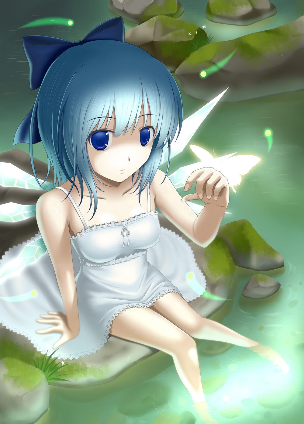 alternate_costume bare_shoulders blue_eyes blue_hair bug butterfly casual cirno fireflies hair_ribbon highres ice ice_wings insect ribbon short_hair sitting soaking_feet solo touhou unshu_mikan water wings