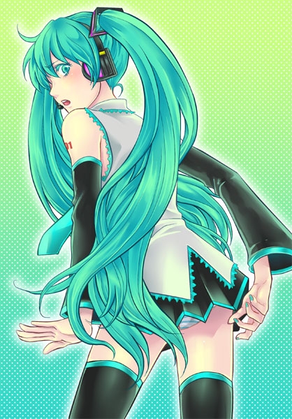 detached_sleeves from_behind green_eyes green_hair hatsune_miku headset higeko long_hair looking_back nail_polish necktie open_mouth panties skirt solo striped striped_panties thighhighs twintails underwear upskirt very_long_hair vocaloid