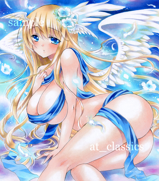 angel angel_wings arm_support ass at_classics bare_shoulders blonde_hair blue_eyes blush breasts cleavage covered_nipples feathers flower hair_flower hair_ornament head_wings large_breasts long_hair looking_at_viewer marker_(medium) naked_ribbon original ribbon sitting solo traditional_media very_long_hair white_wings wings