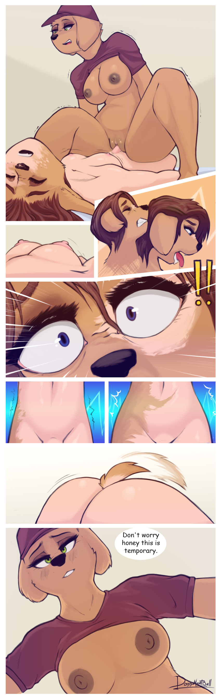 ! 2018 absurd_res anthro areola breasts canine clothing comic dialogue digital_media_(artwork) dog doggomeatball duo english_text eyes_closed female gender_transformation hair hat hi_res human human_to_anthro mammal mtf_transformation nipples open_mouth penetration sally_sherry sex text tongue tongue_out transformation vaginal vaginal_penetration