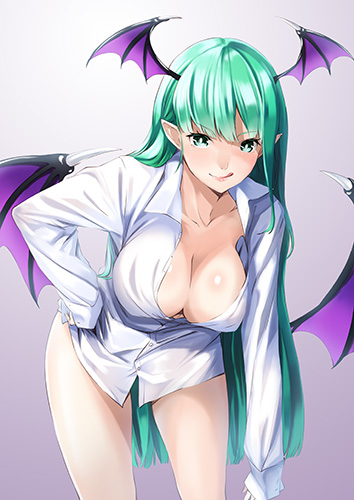 :q bad_id bad_pixiv_id breasts cleavage downblouse dress_shirt green_eyes green_hair head_wings kyon_(fuuran) large_breasts leaning_forward long_hair lowres morrigan_aensland multiple_wings naked_shirt pointy_ears purple_wings shirt solo tongue tongue_out vampire_(game) wings