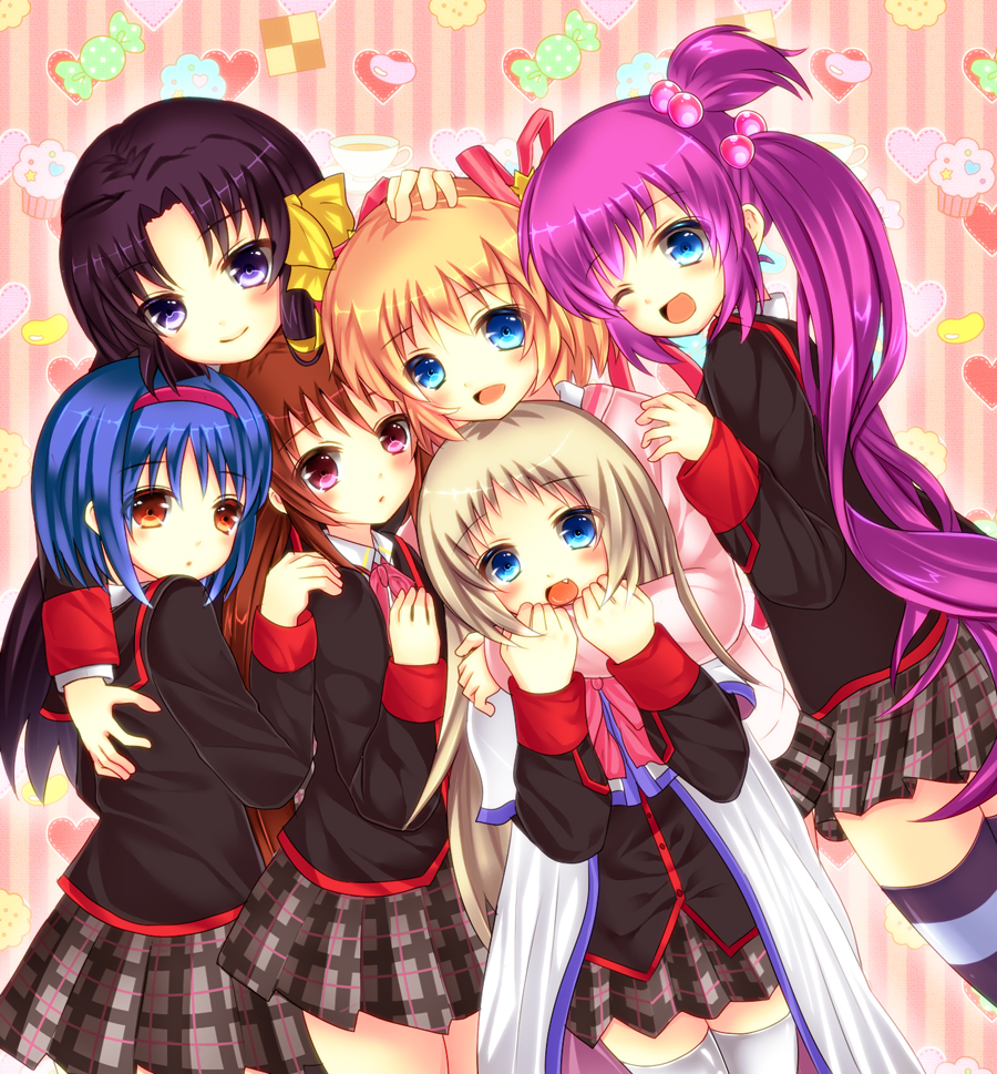 hug kamikita_komari kurugaya_yuiko little_busters! multiple_girls natsume_rin nishizono_mio noumi_kudryavka plaid plaid_skirt saigusa_haruka saotome_mirai school_uniform skirt striped striped_legwear thighhighs