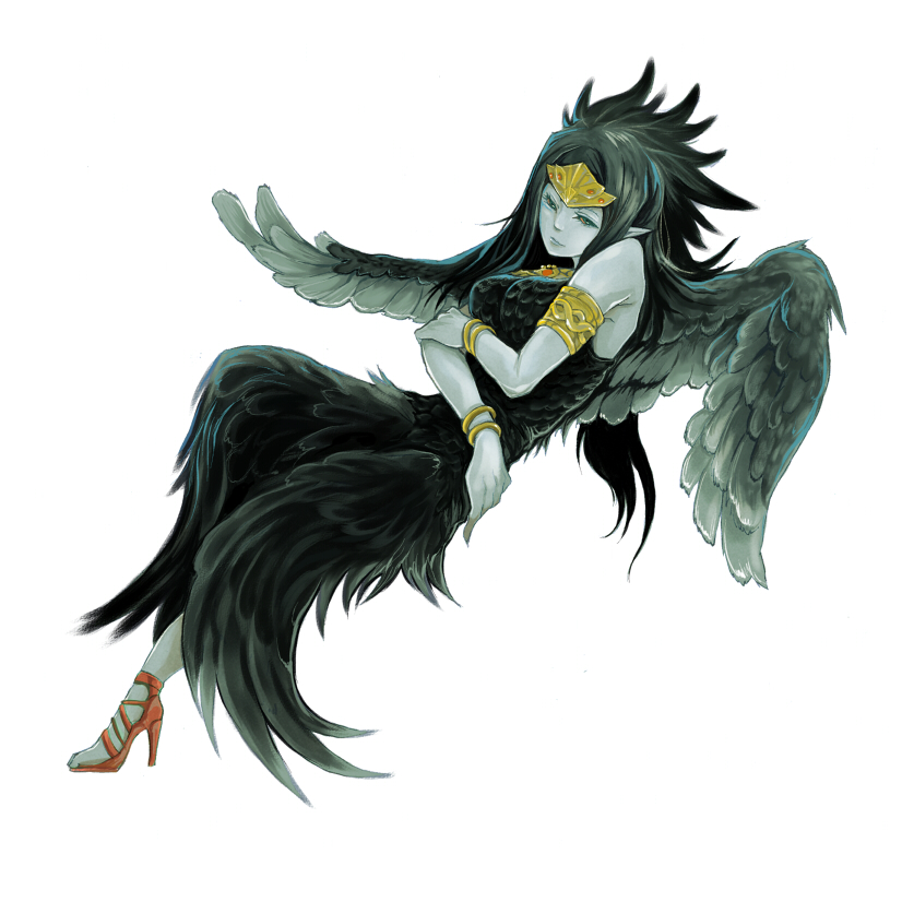 armlet black_hair black_wings bracelet chinchira crossed_arms duel_monster fabled_grimro feathers green_eyes jewelry long_hair multicolored multicolored_eyes pointy_ears red_sclera simple_background solo white_background wings yuu-gi-ou