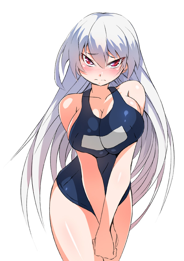 blush breasts cleavage hands_together hokuto_shinken large_breasts long_hair one-piece_swimsuit original red_eyes school_swimsuit silver_hair simple_background solo swimsuit white_background
