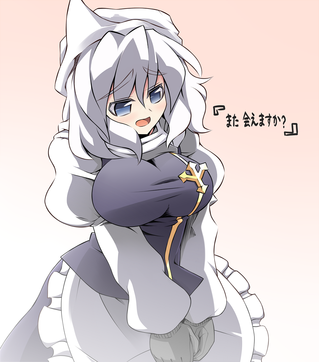 apron bad_id bad_pixiv_id blue_eyes blush breasts gloves hat large_breasts lavender_hair letty_whiterock long_sleeves open_mouth purple_hair scarf short_hair skirt smile solo touhou translated ueda_katsuhito vest white_scarf