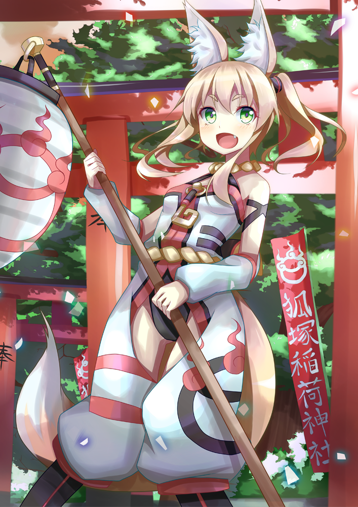 akiyasu animal_ears bare_shoulders blonde_hair blush commentary_request fang fox_ears fox_tail green_eyes japanese_clothes kitsunezuka_kyuu looking_at_viewer open_mouth original short_hair solo tail torii twintails