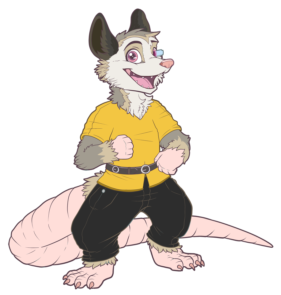 2017 alpha_channel ambiguous_gender anthro barefoot belt chibity claws clothed clothing fur long_tail mammal marsupial open_mouth open_smile opossum pink_ears scouter simple_background smile solo teeth toe_claws transparent_background virginia_opossum