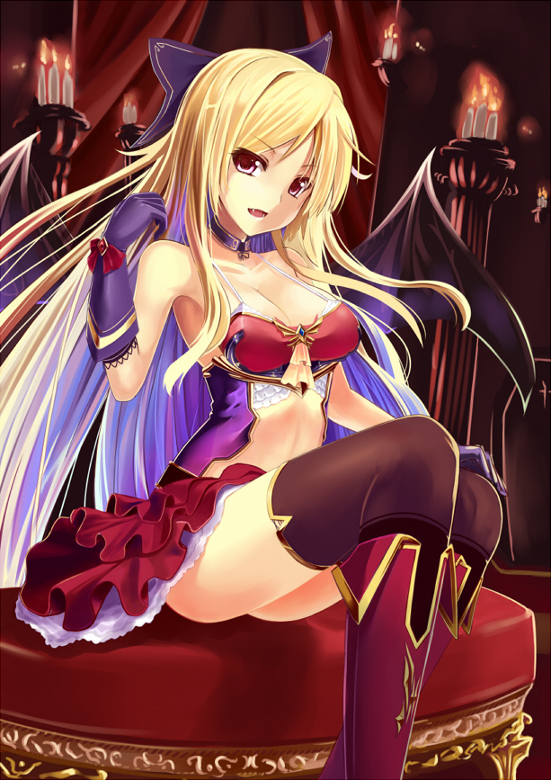 :d armor armored_boots black_legwear blonde_hair boots breasts cleavage demon_wings fangs gloves halterneck head_tilt knee_boots knees_up legs looking_at_viewer medium_breasts midriff navel open_mouth original parted_lips red_eyes red_footwear sitting skirt smile stomach thighhighs vampire wings yukichin