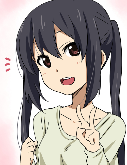 black_hair blush ikari_manatsu k-on! long_hair nakano_azusa smile solo twintails v