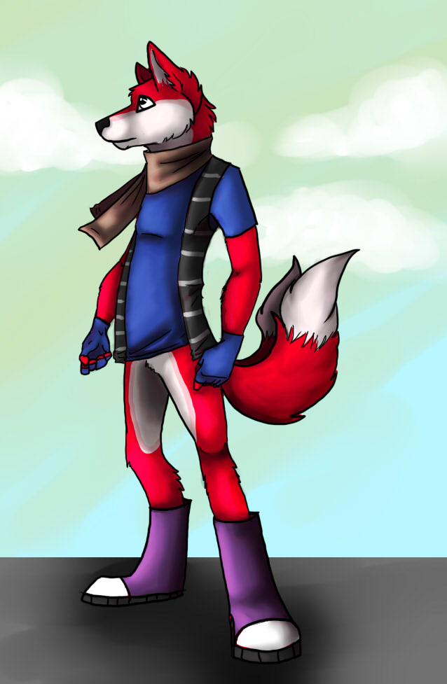 boots canine clothing fingerless_gloves fox gloves mammal maxamilion_the_fox rollercoasterviper59 scarf shirt solo unknown_artist vest werethewingblows