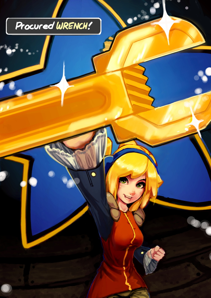 anokorok blonde_hair breasts clenched_hand green_eyes headphones lips medium_breasts nose robin_(the_iconoclasts) smile solo the_iconoclasts wrench