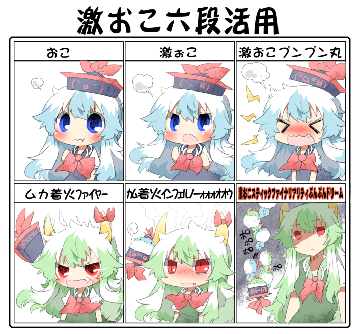 &gt;_&lt; :&lt; :3 :t angry bad_id bad_pixiv_id blue_eyes blue_hair blush chart chibi closed_eyes dress dual_persona empty_eyes ex-keine expressive_clothes fang fume green_dress green_hair hat hat_removed headwear_removed horn_ribbon horns kamishirasawa_keine lightning_bolt neckerchief open_mouth pout rebecca_(keinelove) ribbon shaded_face slit_pupils sukusuku_hakutaku touhou translated