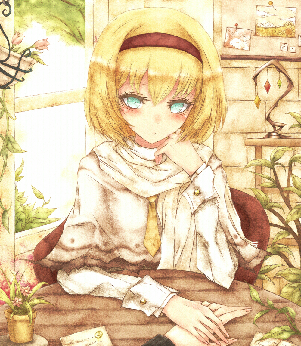 alice_margatroid bangs blonde_hair brick_wall bulletin_board capelet cuff_links flower flower_pot green_eyes hanging_plant head_rest headband holding_hands kyuumoto_kuku letter looking_at_viewer necktie out_of_frame photo_(object) pin plant postcard pov pov_hands short_hair solo_focus touhou vines window
