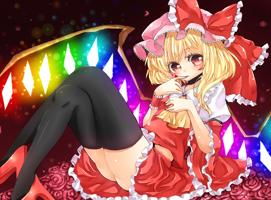 arare_mochiko armband ascot blonde_hair bow choker eyelashes finger_to_mouth flandre_scarlet flower glowing gradient gradient_background hair_bow hat hat_ribbon high_heels light_particles long_sleeves looking_at_viewer midriff mob_cap reclining red_eyes red_flower red_rose ribbon rose shoes short_hair side_ponytail skirt skirt_set solo thighhighs touhou wide_sleeves wings