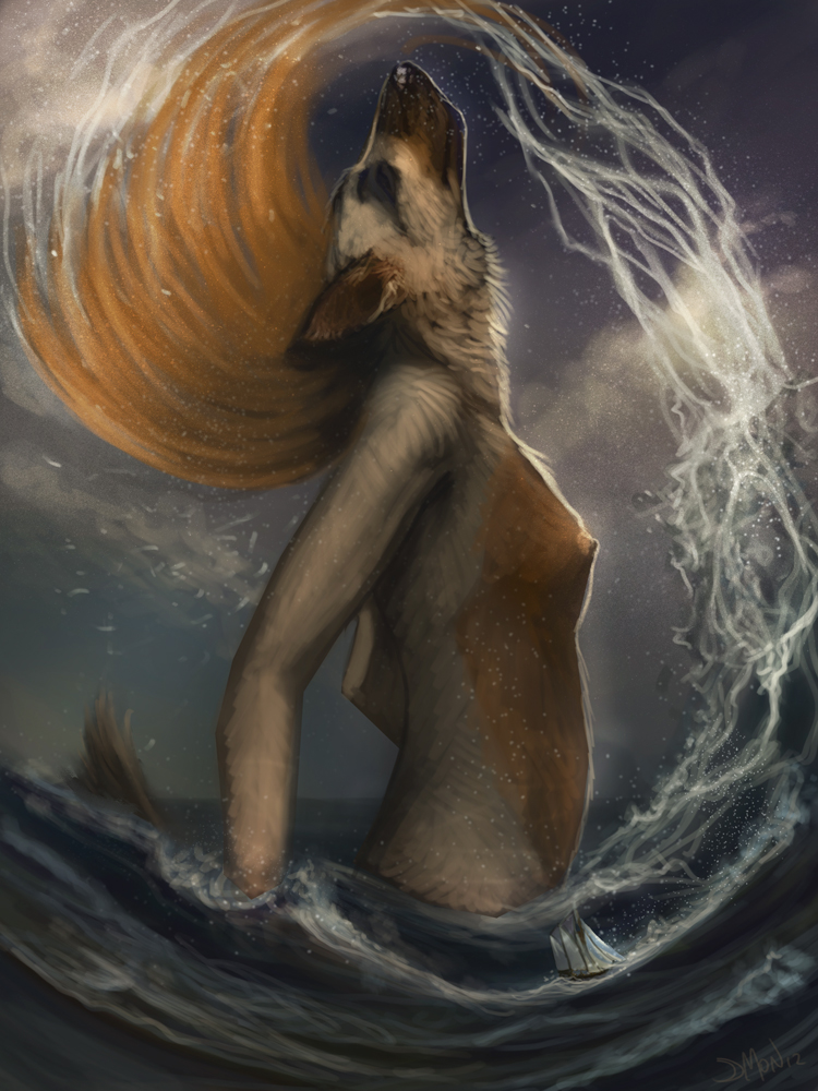 canine cloud dog eyes_closed female flat_chested german_shepherd giant grey_sky hair long_hair macro mammal mondeis night nipples nude sails sea ship side_view sky small_breasts solo splash standing storm water wave wet