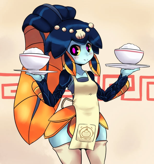 apron balancing bangs blue_skin blunt_bangs blush bowl chelo-stracks fins fish_girl hair_ornament minette_(skullgirls) monster_girl pink_eyes rice scales shell skullgirls smile solo thighhighs tray waitress wide_hips yellow_sclera