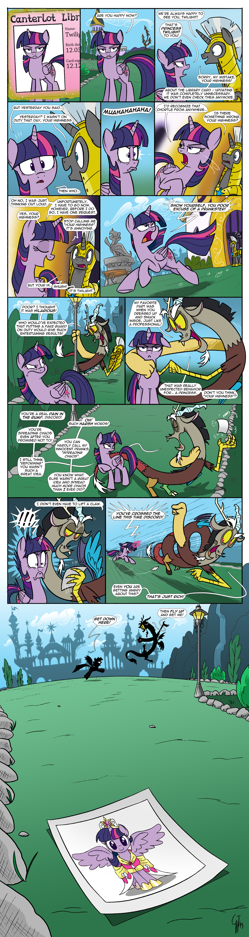 2013 armor canterlot card comic crown cutie_mark dialog discord_(mlp) draconequus dress english_text equine female feral flying friendship_is_magic glancojusticar glowing hair helmet horn horse magic male mammal multi-colored_hair my_little_pony outside photo pony purple_eyes red_eyes royal_guard_(mlp) sparkles text twilight_sparkle_(mlp) unicorn winged_unicorn wings