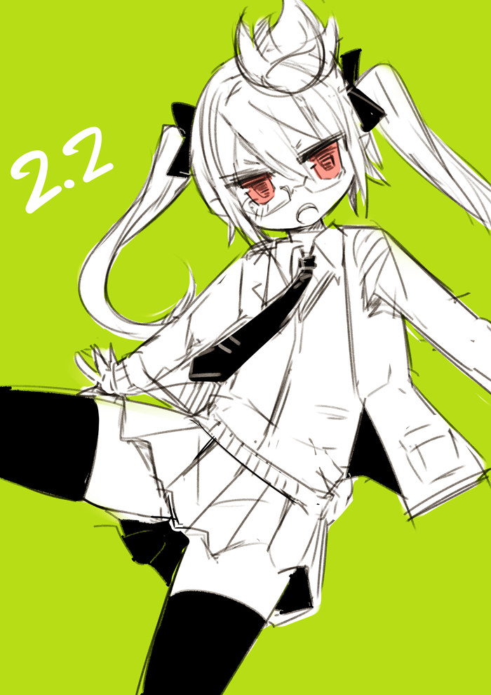 glasses green_background ico_(green_bullet) kimidori_(ico) long_hair looking_at_viewer monochrome necktie open_mouth original simple_background skirt solo thighhighs twintails