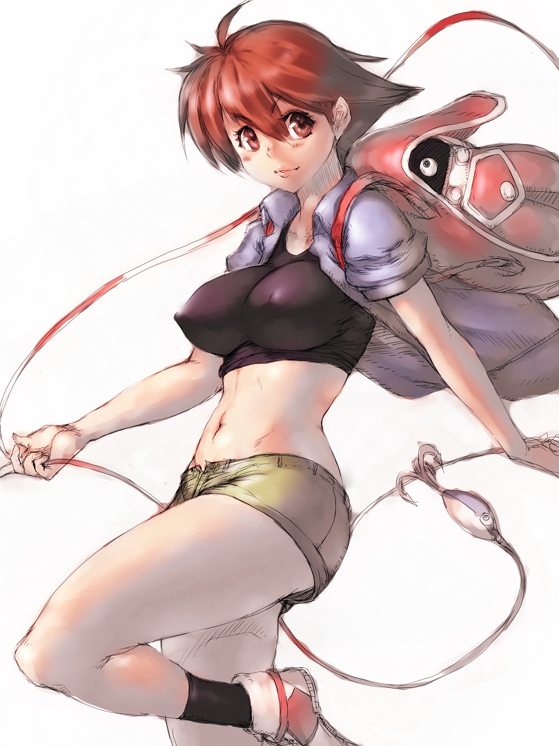 adapted_costume ahoge backpack bag bangs blush breasts covered_nipples fishing_line fishing_lure from_side fumio_(rsqkr) hair_between_eyes high_collar holding impossible_clothes impossible_shirt large_breasts leg_lift lips looking_at_viewer looking_back midriff navel open_clothes open_fly open_shirt parted_lips red_eyes red_hair shirt shirt_lift shoes short_hair short_shorts short_sleeves shorts simple_background sketch sleeves_rolled_up smile sneakers socks solo standing standing_on_one_leg tomboy umihara_kawase umihara_kawase_(character) unzipped white_background wide_hips