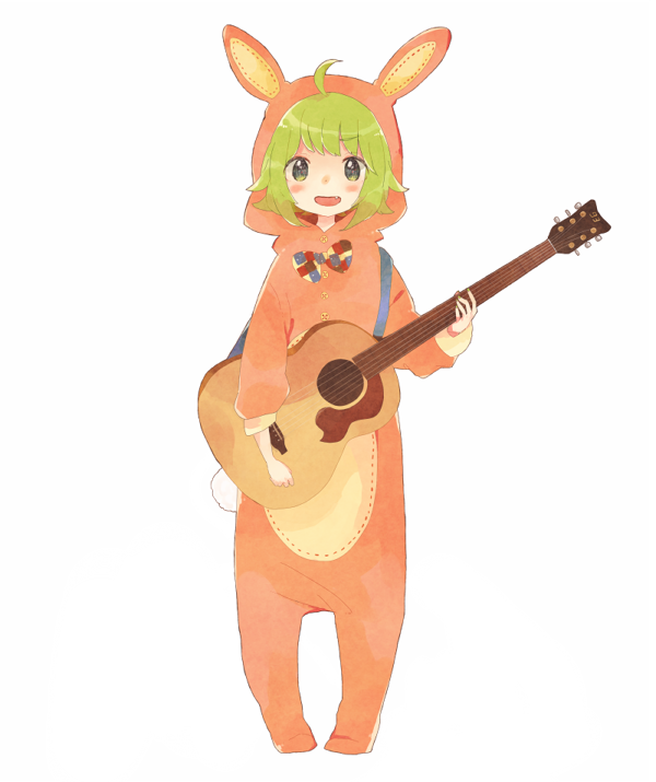 ahoge animal_costume bad_id bad_pixiv_id blush bunny_costume fang green_eyes green_hair guitar gumi instrument tamao_(noro) vocaloid