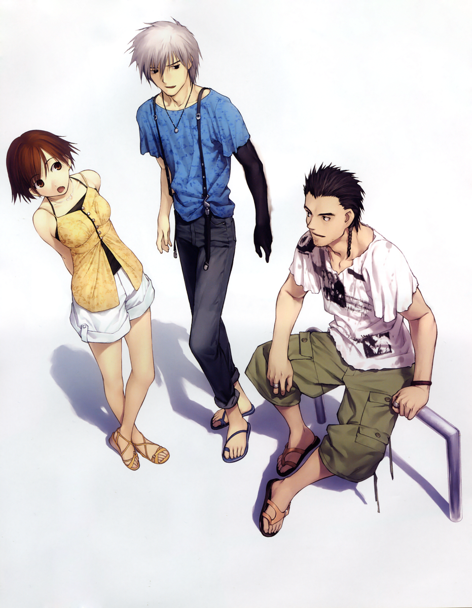 2boys arms_behind_back black_hair black_shirt braid breasts brown_hair character_request collarbone decoration_disorder_disconnection eye_contact full_body green_pants highres ishizue_arika koyama_hirokazu looking_at_another medium_breasts multiple_boys open_mouth pants shirt short_hair shorts silver_hair simple_background sleeveless sleeveless_shirt standing t-shirt white_background white_shirt white_shorts