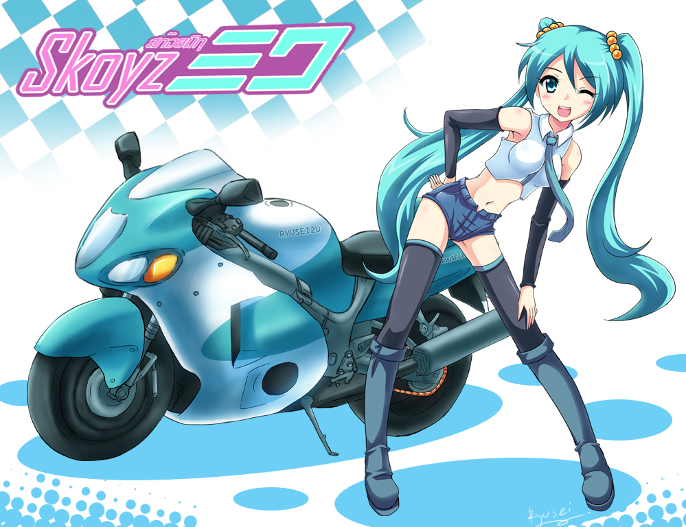 artist_name boots character_name detached_sleeves ground_vehicle hand_on_hip hatsune_miku knee_boots leaning_forward long_hair midriff motor_vehicle motorcycle navel necktie one_eye_closed open_mouth ryusei2u short_shorts shorts solo thighhighs twintails very_long_hair vocaloid