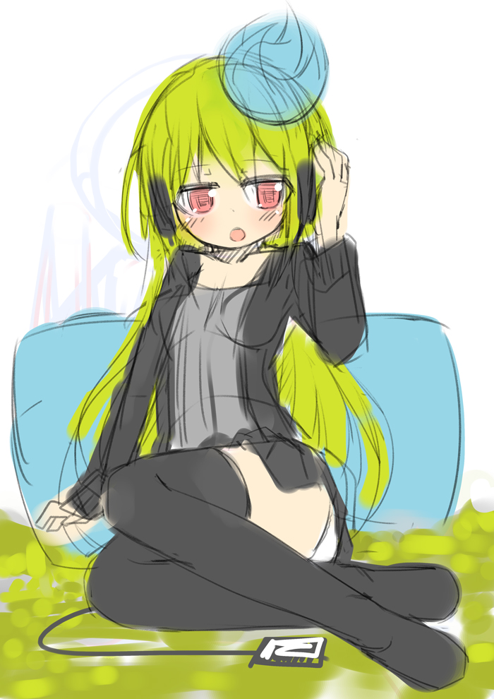 blush green_hair headphones ico_(green_bullet) kimidori_(ico) long_hair original red_eyes sitting sketch solo thighhighs