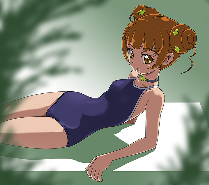 bad_id bad_pixiv_id brown_eyes brown_hair cameltoe choker dokidoki!_precure double_bun hair_ornament looking_at_viewer lying one-piece_swimsuit precure rohitsuka short_hair solo swimsuit yotsuba_alice