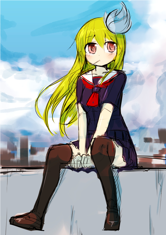 blush ico_(green_bullet) kimidori_(ico) long_hair original school_uniform serafuku sitting solo thighhighs