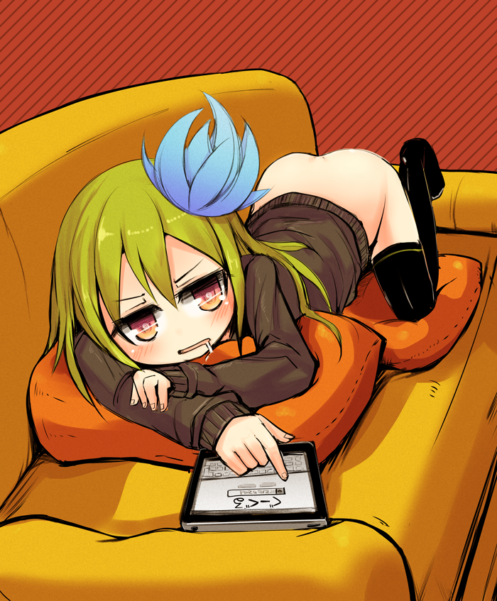 blush bottomless couch ico_(green_bullet) kimidori_(ico) long_hair lying naked_sweater on_stomach open_mouth original red_eyes solo sweater thighhighs