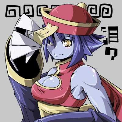 blue_hair blue_skin breasts chinese_clothes cleavage cleavage_cutout flipped_hair hat jiangshi kni-droid large_breasts lei_lei lowres ofuda short_hair smile solo vampire_(game) yellow_eyes