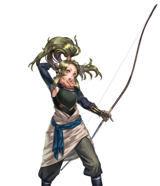 armor arrow belt bow_(weapon) bracer breastplate character_request green_hair high_ponytail long_hair official_art onimusha_soul pants quiver solo weapon