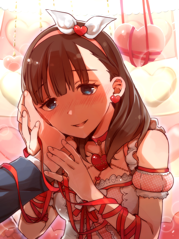 aqua_eyes blush brown_hair earrings hair_ribbon hand_on_another's_cheek hand_on_another's_face heart idolmaster idolmaster_cinderella_girls jewelry long_hair producer_(idolmaster) ribbon sakuma_mayu shoulder_necklace smile solo_focus synrnmd