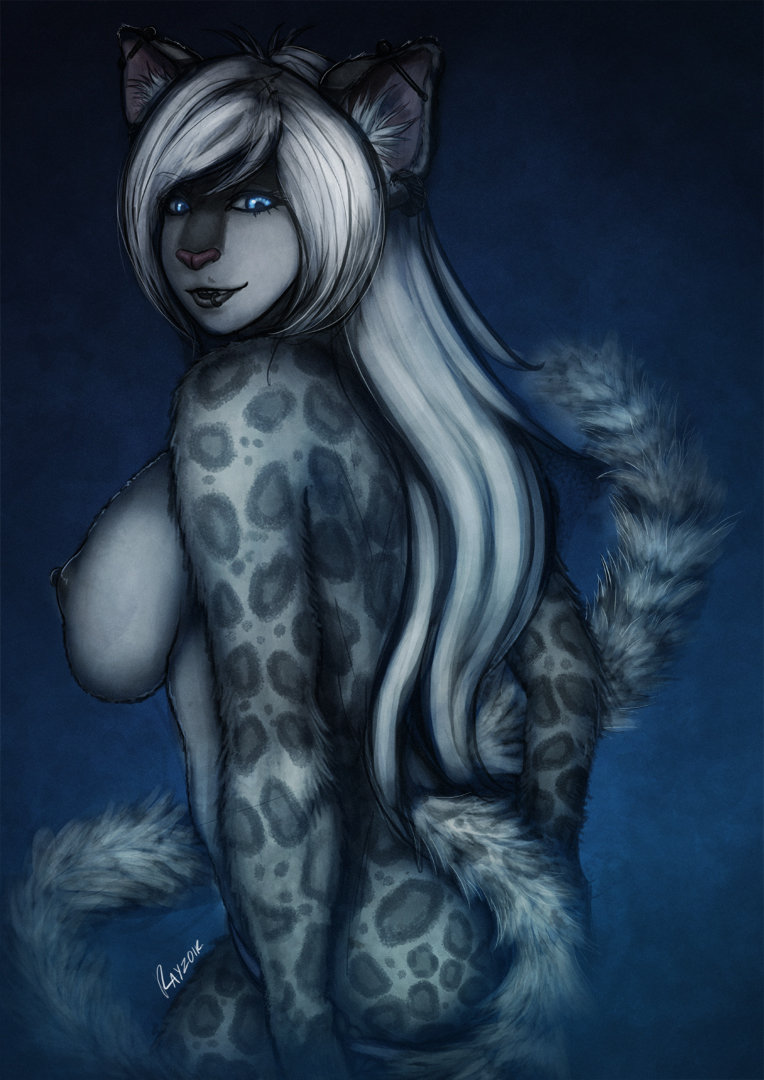 anthro black_lips blue_background blue_eyes breasts butt cool_colors dark_theme darkness ear_piercing feline female fur gradient_background grey_fur hair leopard long_hair long_tail looking_at_viewer looking_back mammal nipples nude piercing pinup plain_background pose rayzoir side_boob snow_leopard solo spots standing white_hair