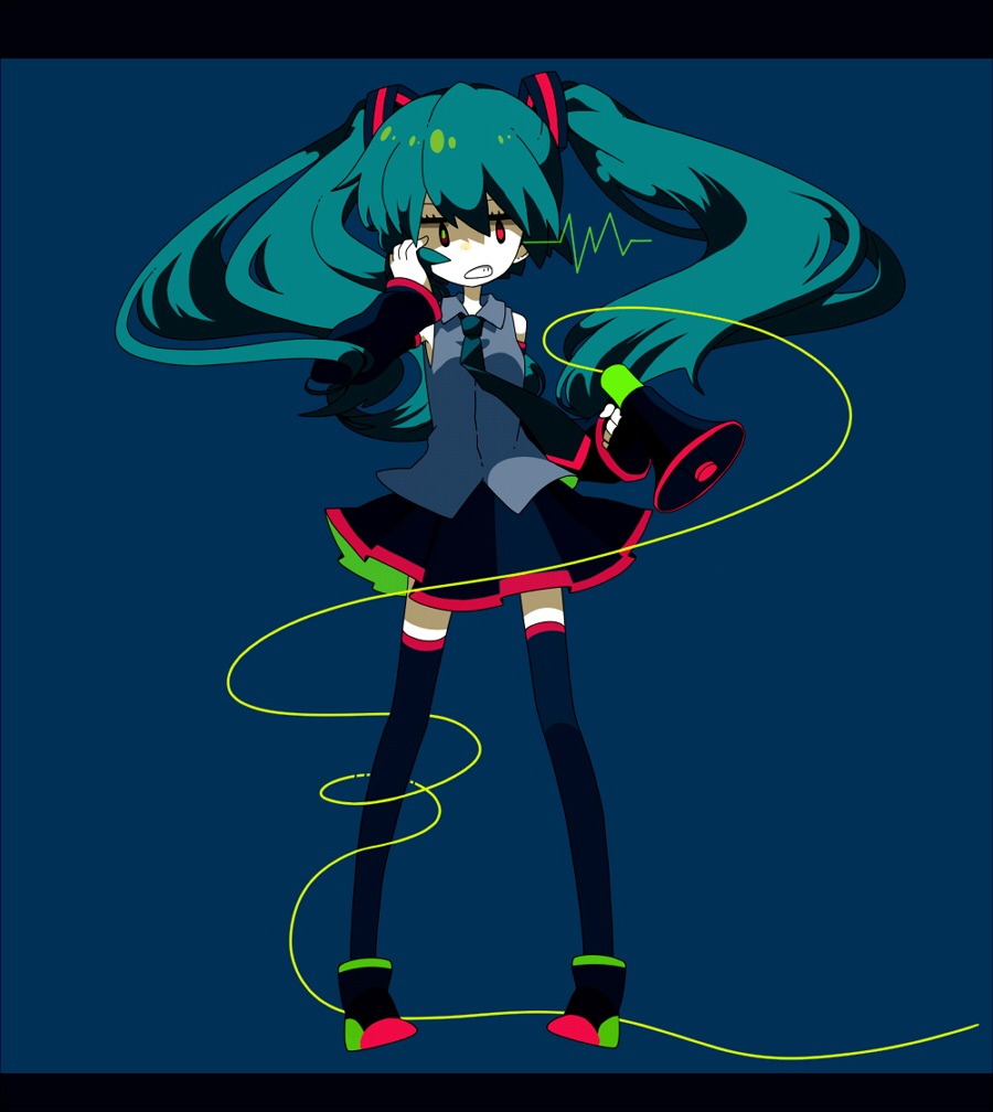 aqua_hair bad_id bad_pixiv_id detached_sleeves ebara_(xxpeppo) full_body hand_on_own_face hatsune_miku heterochromia long_hair megaphone necktie shoes simple_background skirt solo thighhighs twintails very_long_hair vocaloid zettai_ryouiki