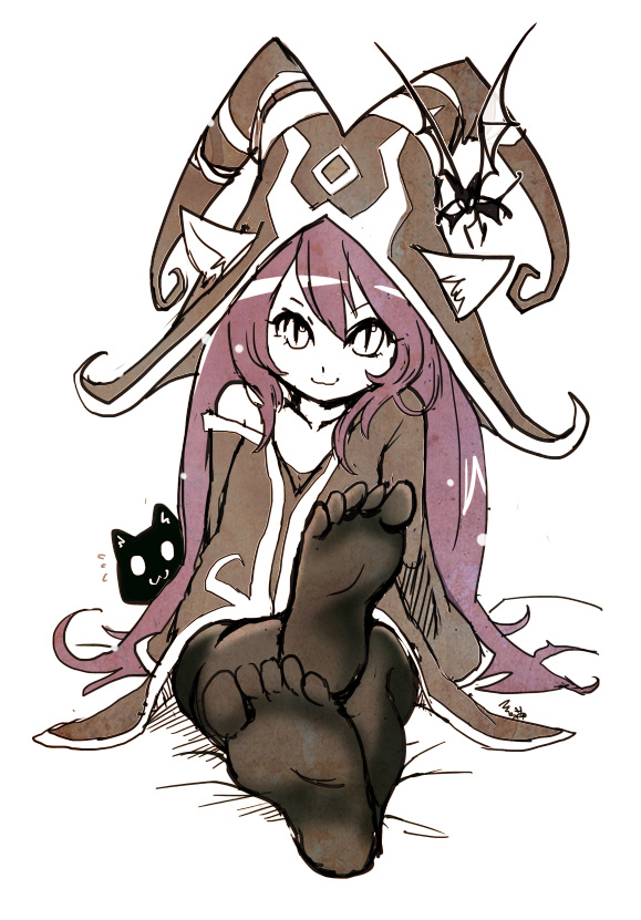 aa2233a cat crossed_legs feet hat league_of_legends looking_at_viewer lulu_(league_of_legends) monochrome pantyhose pix pointy_ears pov_feet red_hair sepia sitting soles solo yellow_eyes