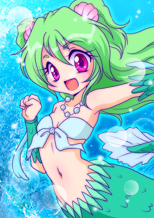 :d green_hair jewelry kisaragi_miyuki long_hair mermaid midriff monster_girl muromi-san namiuchigiwa_no_muromi-san necklace open_mouth red_eyes scales seashell shell smile solo twintails two_side_up