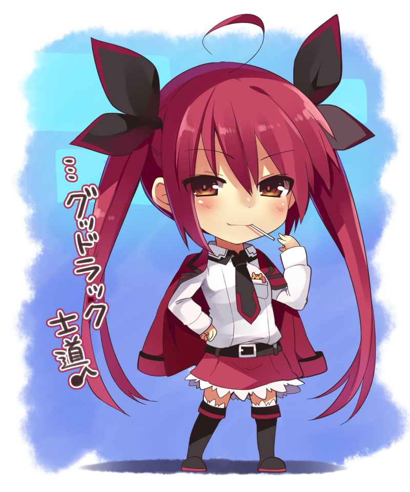 bad_id bad_pixiv_id brown_eyes candy chibi date_a_live food itsuka_kotori lollipop long_hair mishima_kurone necktie red_hair school_uniform solo translated twintails