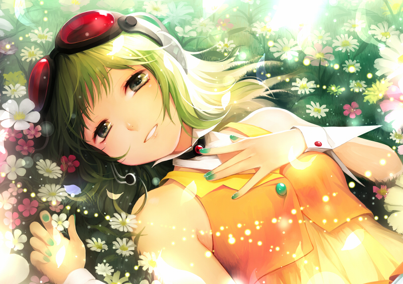 anina flower flower_bed goggles goggles_on_head green_eyes green_hair gumi hand_on_own_chest headset lying nail_polish short_hair smile solo vocaloid wrist_cuffs