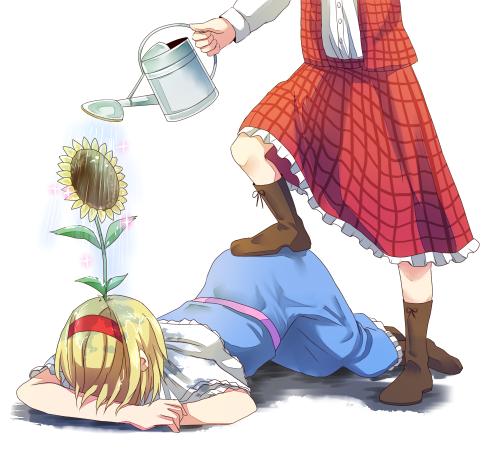 alice_margatroid bad_id bad_pixiv_id boots defeat dress flower flower_on_head frills good_guys_win head_out_of_frame kazami_yuuka michimaru_(michi) multiple_girls plaid sadism short_hair sparkle sulking sunflower touhou watering watering_can wet