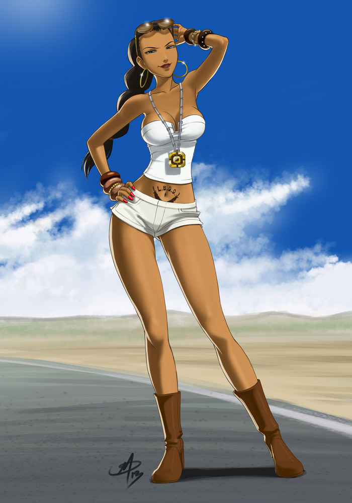 bad_deviantart_id bad_id bangle bare_shoulders blue_sky boots bracelet breasts brown_eyes brown_hair cloud contrapposto daniel_macgregor dark_skin day earrings eyewear_on_head hair_slicked_back hand_on_hip hoop_earrings impossible_clothes jewelry large_breasts legs lipstick makeup michiko_malandro michiko_to_hacchin midriff nail_polish navel necklace road shirt shorts sky solo standing strapless sunglasses tattoo taut_clothes taut_shirt tubetop