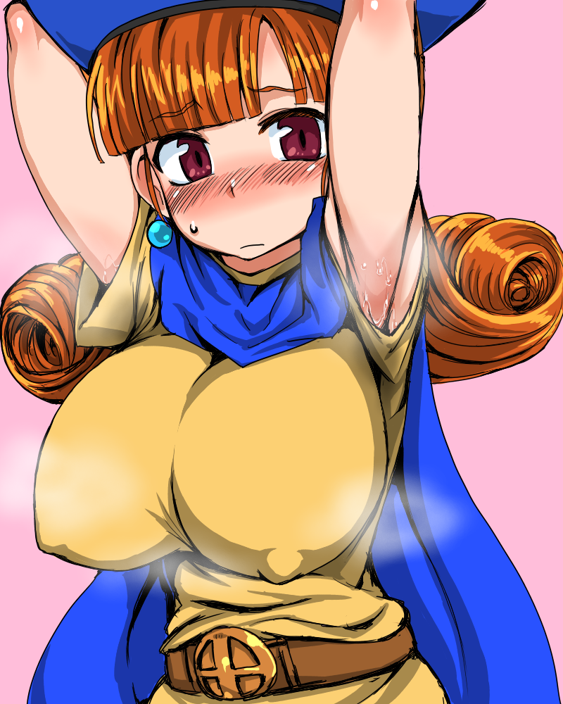 alena_(dq4) armpits arms_up belt blush breasts cape dragon_quest dragon_quest_iv hat huge_breasts kitsune-tsuki_(getter) long_hair no_bra orange_hair simple_background smell solo sweat