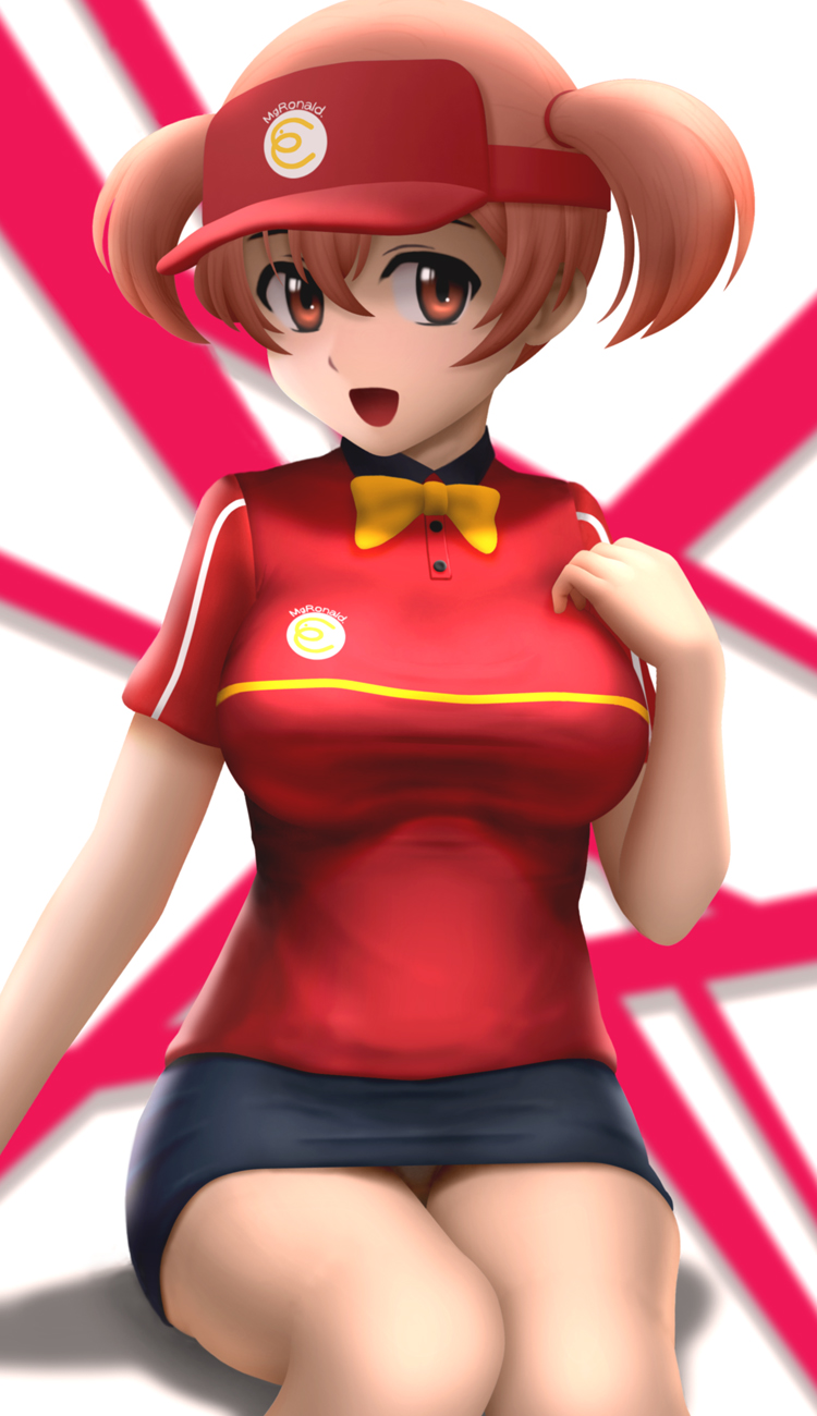:d bow bowtie breasts brown_hair clothes_writing employee_uniform fast_food_uniform hand_on_own_chest hataraku_maou-sama! highres large_breasts looking_at_viewer no_lineart open_mouth panties pencil_skirt polo_shirt sasaki_chiho short_hair short_twintails siraha sitting skirt smile solo twintails underwear uniform upskirt visor_cap