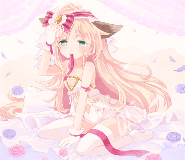 animal_ears bare_arms bare_shoulders blonde_hair blue_eyes blush bow cat_ears chaba_(hortensia) cleavage_cutout dress flower gloves green_eyes hair_bow long_hair looking_at_viewer midriff mouth_hold navel petals pink_flower pink_rose ribbon ribbon_in_mouth rose sengoku_bushouki_muramasa sitting sleeveless sleeveless_dress solo thighhighs very_long_hair wariza white_dress white_gloves white_legwear xavier_(sengoku_bushouki_muramasa)
