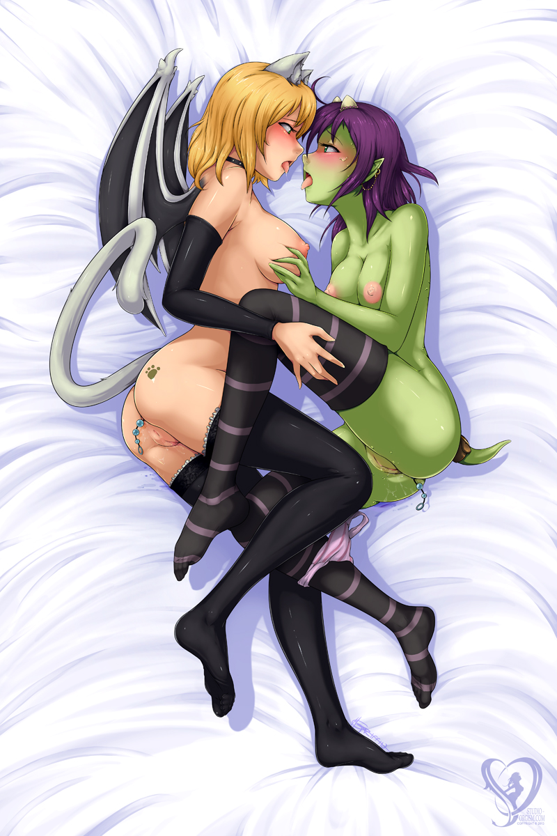 anal anal_beads animeflux areolae ass bed_sheet black_legwear blonde_hair blush borrowed_character breast_grab breasts bunny_and_fox_world collarbone couple crossover detached_sleeves dragon_girl eye_contact feet grabbing green_skin highres large_breasts looking_at_another lying monster_girl multiple_girls nalica_(animeflux) nipples nude on_side original panties panties_around_one_leg purple_hair pussy pussy_juice saliva saliva_trail sapphicneko_(sapphicneko) socks soles striped striped_legwear striped_panties tail thighhighs thighs toes tongue tongue_out uncensored underwear wings yuri