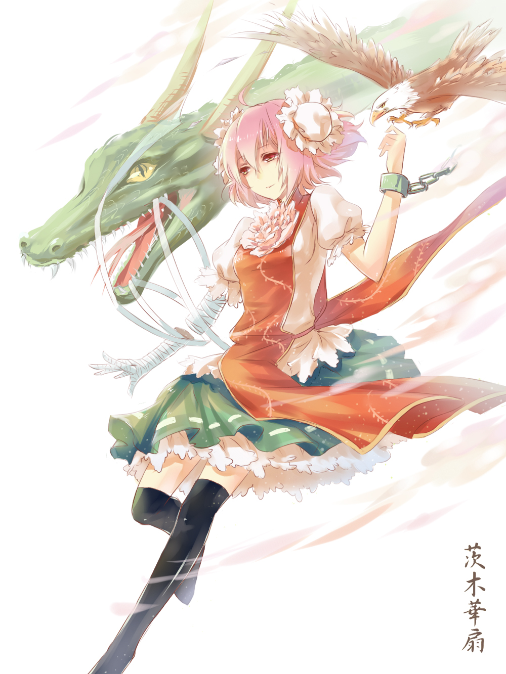 a_luo ahoge arm_up bandages bird black_legwear blouse chain character_name cloud cuffs double_bun dragon eagle eastern_dragon flower flying high_collar highres horns ibaraki_kasen looking_away no_shoes petticoat pink_hair puffy_short_sleeves puffy_sleeves red_eyes rose shackles sharp_teeth short_hair short_sleeves simple_background skirt smile solo tabard teeth thighhighs touhou white_background