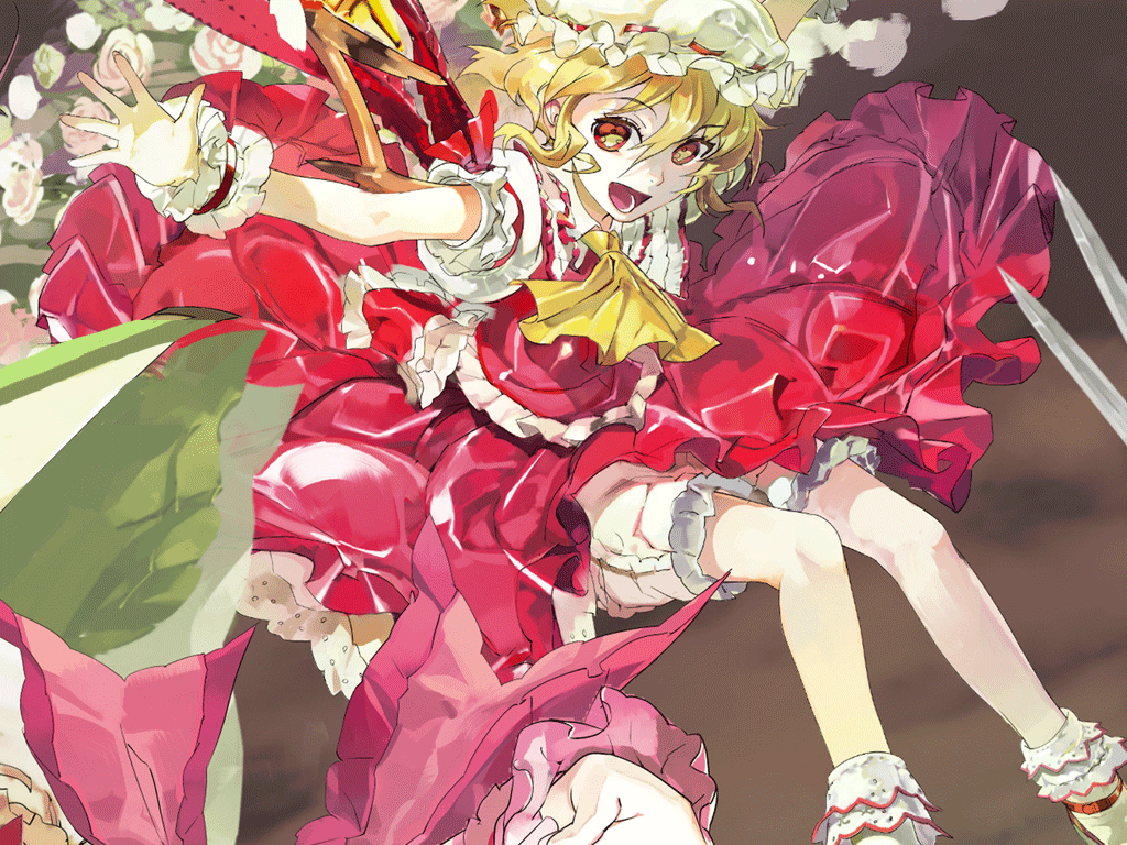 1girl blonde_hair flandre_scarlet hat open_mouth outstretched_arm outstretched_hand red_eyes short_hair solo touhou