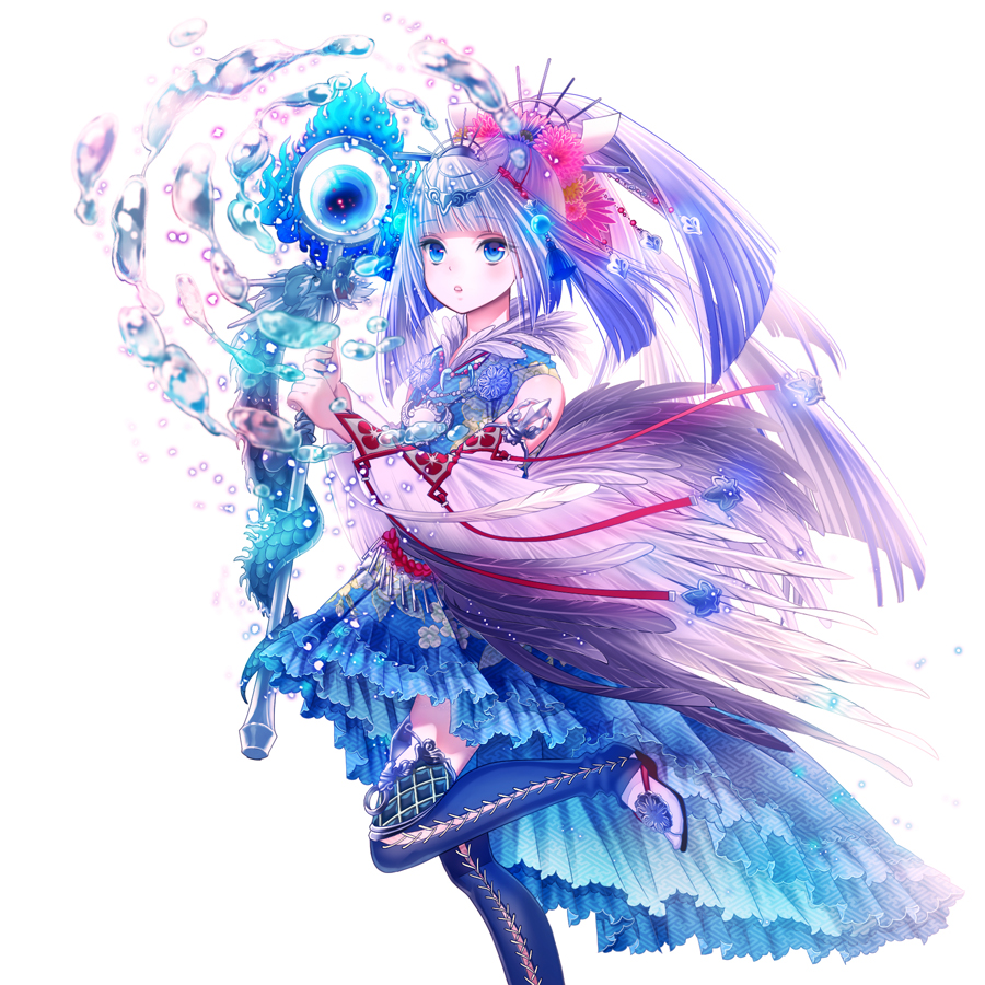 blue_eyes blue_hair blush boots dress feathers flower hair_flower hair_ornament magic open_mouth original scepter simple_background solo tamaki_mitsune water weapon white_background